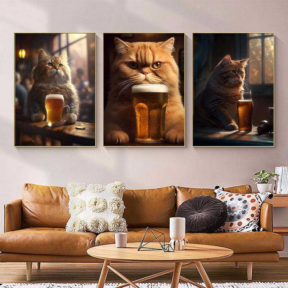 Ai Drawing Cute Drinking Cat Funny Prints Poster Canvas Painting Modern Wall Art Picture For Living Room Bedroom Home Decoration