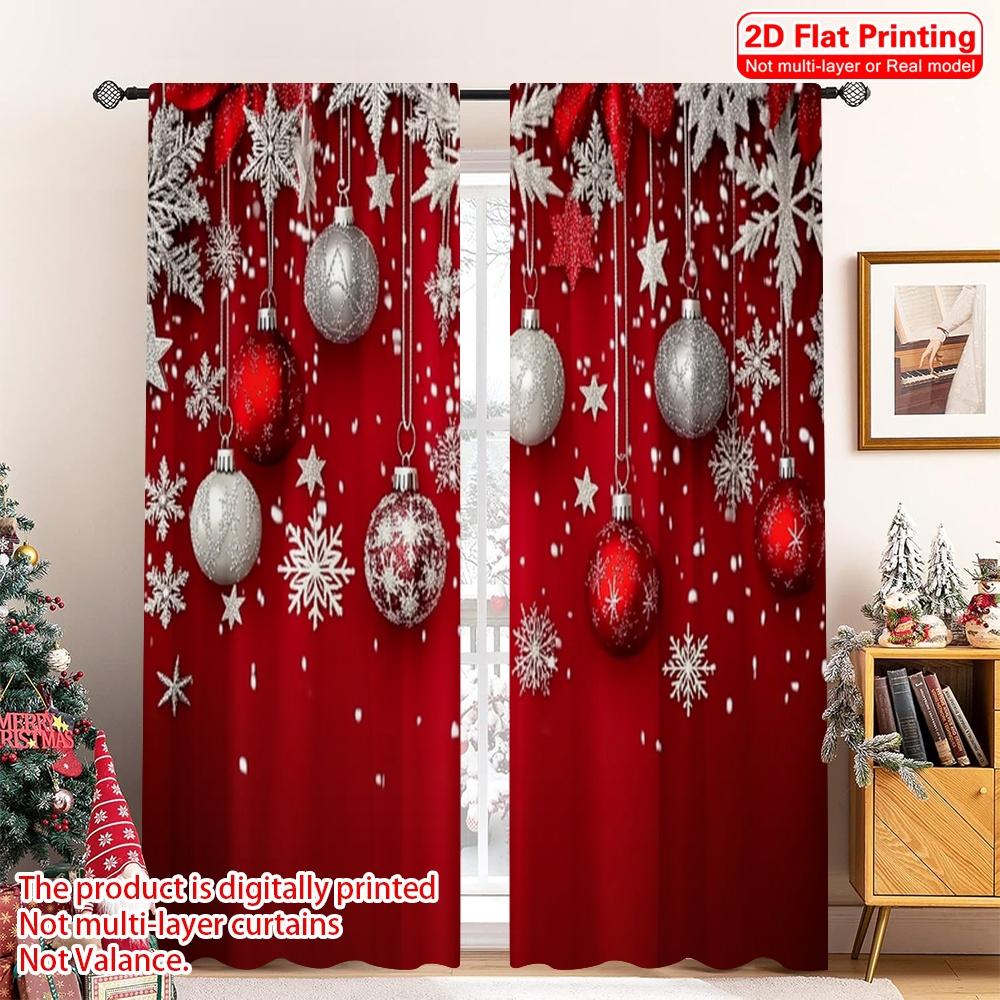 

2D flat printing 2pcs Merry Christmas Scene Curtains Happy Christmas Silver Snowflakes_ Versatile Durable Polyester Without 52.50×116.00 CM 2pcs