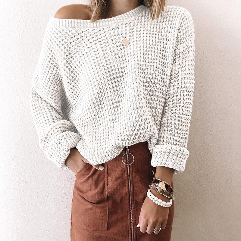 European Women's Loose Knit Top - Pure Color, Slanted Neck, Long Sleeve, Autumn Winter Sweater (2025 New Style)