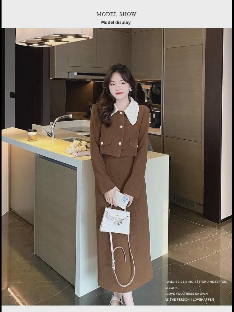 Women's French Retro Corduroy Two-Piece: Doll Collar Short Coat & Slim Long Skirt In Autumn Contrast Colors