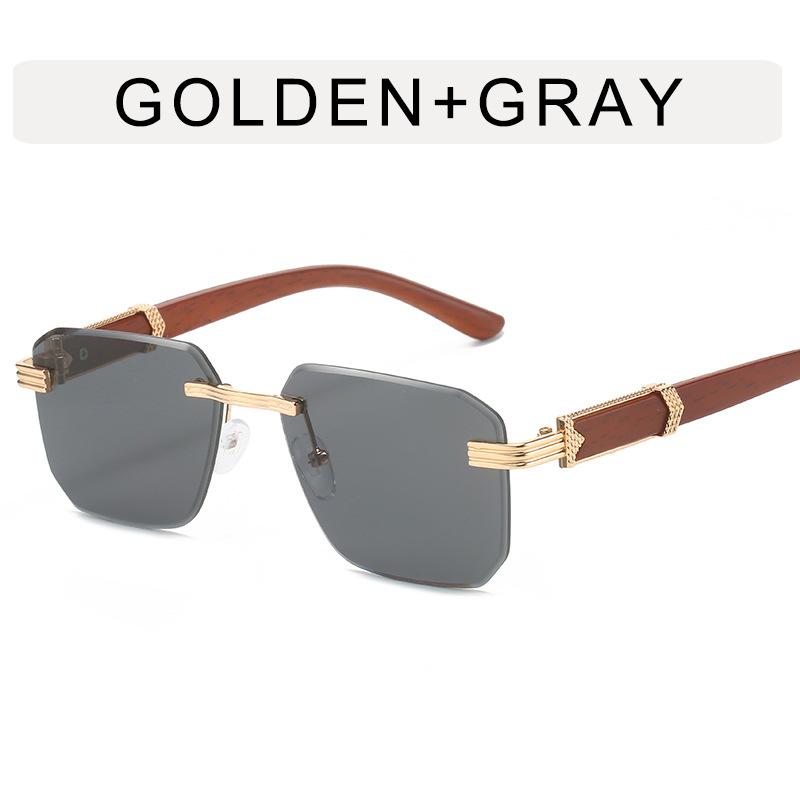 Arrow Wood Grain Legs Frameless Trimmed Sunglasses Women, Irregular Square Sunglasses Retro Sunscreen Glasses