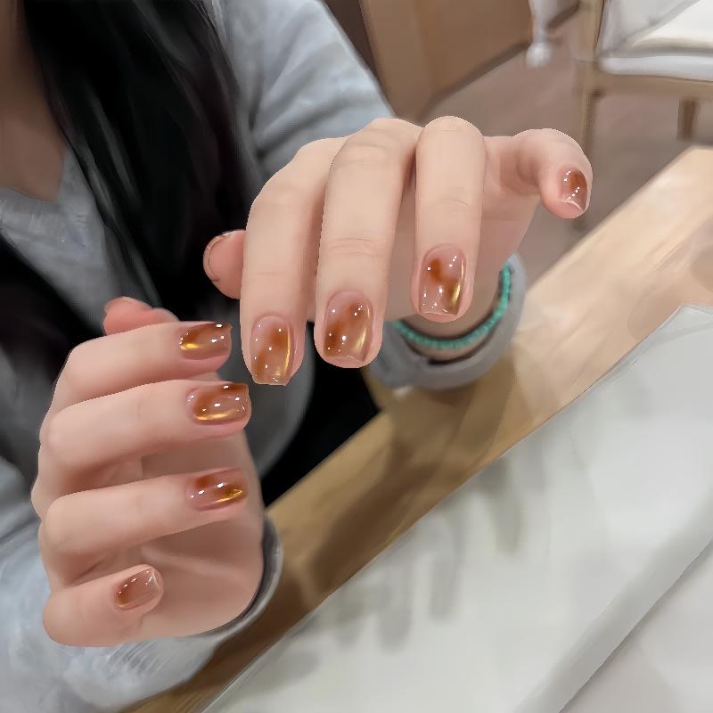 

Amber Gradient Cat Eye Press-On Nails - Handcrafted Short Autumn/Winter Nail Art Stickers in Gold and Brown. Small