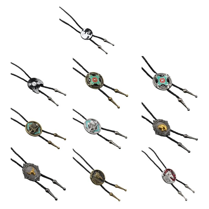 Mens Adjustable Leather Cord Bolo Tie with Enamel Metal Badge Pendant Western Rodeos Outfit Shirt Chain Necktie Necklace