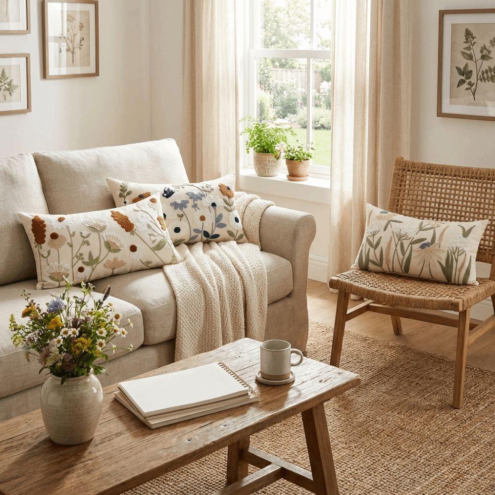 Pastoral Floral Tufted Throw Pillow Cover Canvas Throw Pillowcase  Home Decor