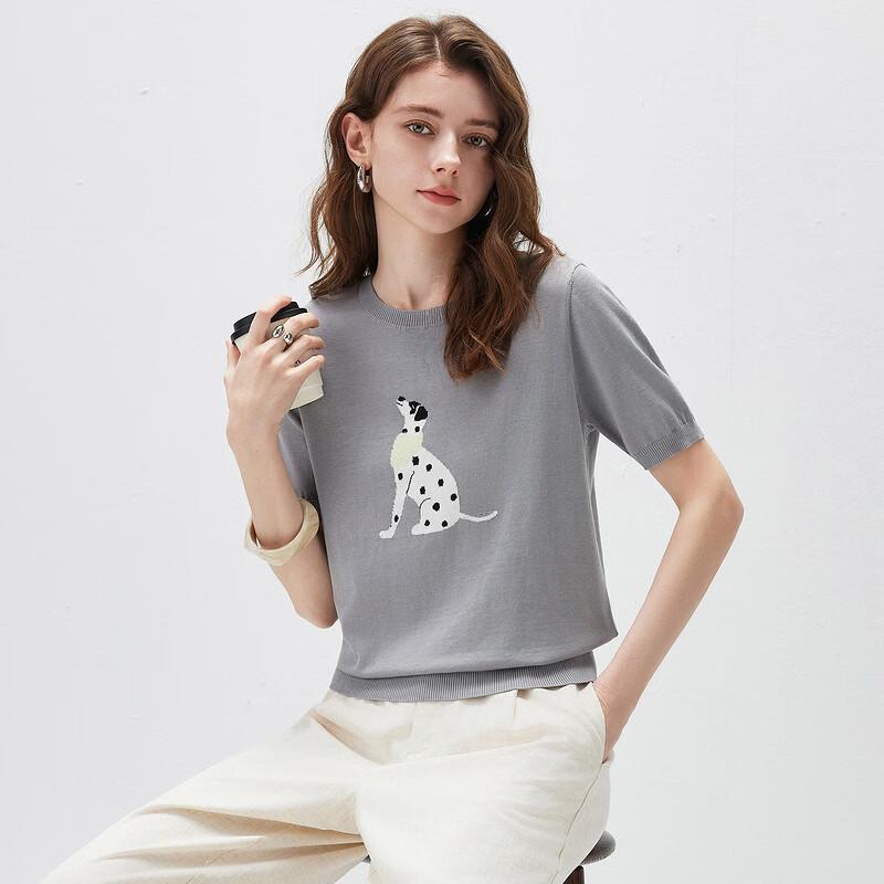 Komomboka Women's Mulberry Silk Dog Embroidery Short-Sleeve Knit Top