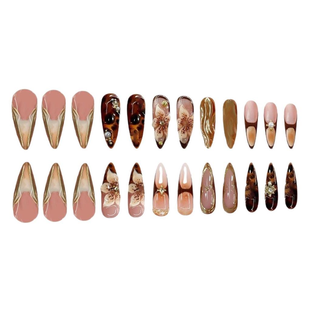 Press On Nails Gold Fake Nails Flower Glue On Nails with 3D Design Almond Stick On Nails Glossy Artificial Acrylic Full Cover False Nails for Women