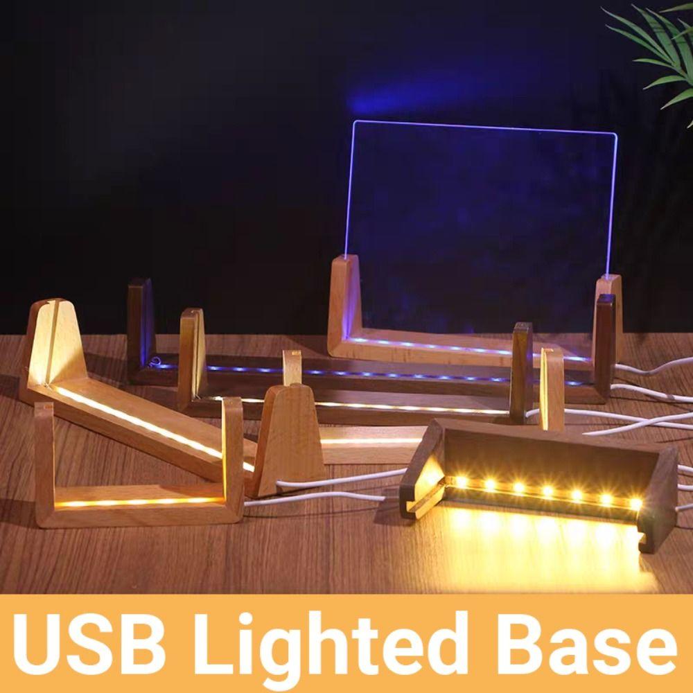 Warm Light Wooden Lighted Base Non-slip Acrylic Cards Display Racks LED Lighted Stand  Home Decor