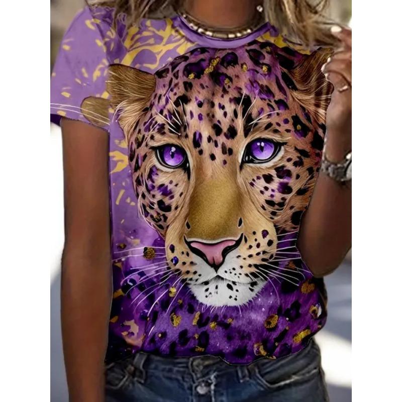Summer Round Neck Short Sleeved Casual Versatile Top with Animal Print Women's T-shirts