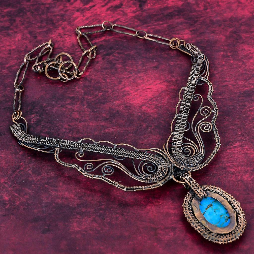 Tibetan Turquoise Gemstone Necklace Copper Wire Wrap Moonstone Jewelry Adjustable Necklace