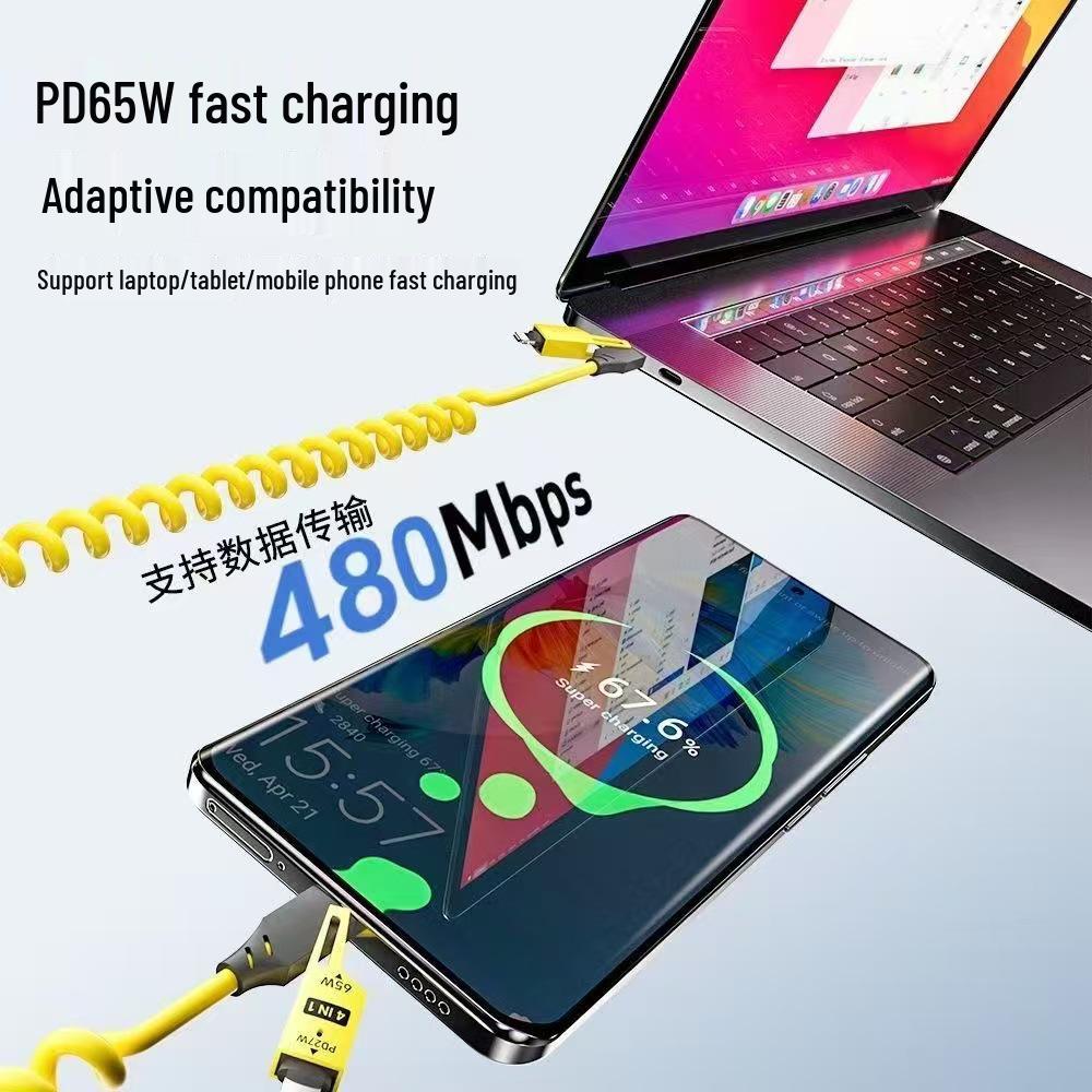 65W Retractable 4-in-1 Spring Data Cable for Apple, Huawei, Type-C Fast Charging