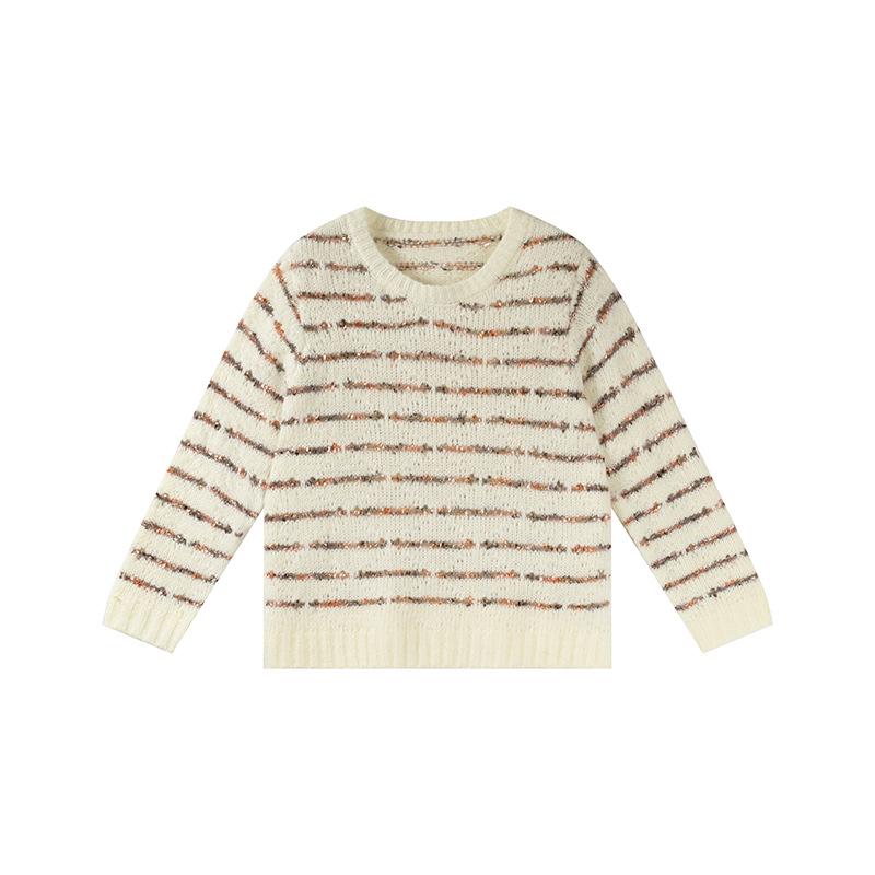 Shuangtian 2025 Patchwork Stripe Knit Pullover Sweater for Women - Plus Size, Round Neck XL