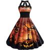 Fashion off-Neck Silm Halter Lace-up Back Elastic High Waist Halloween Pumpkin Bat Print Dress Female
