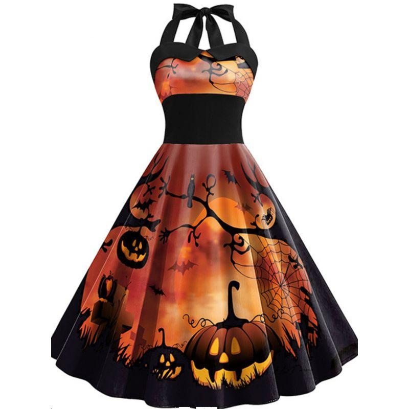 Fashion off-Neck Silm Halter Lace-up Back Elastic High Waist Halloween Pumpkin Bat Print Dress Female