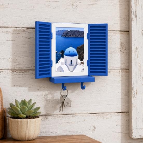 Key Holder with Hidden Storage Shelf, Mediterranean-Style Window Frame Photo Display Stand, Functional Entryway Organizer with Blinds Decor