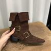 Thick Heel Retro Suede Western Cowboy Boots Short Boots Women's Boots 2025 New Spring and Autumn Single Boots Square Martin Boots