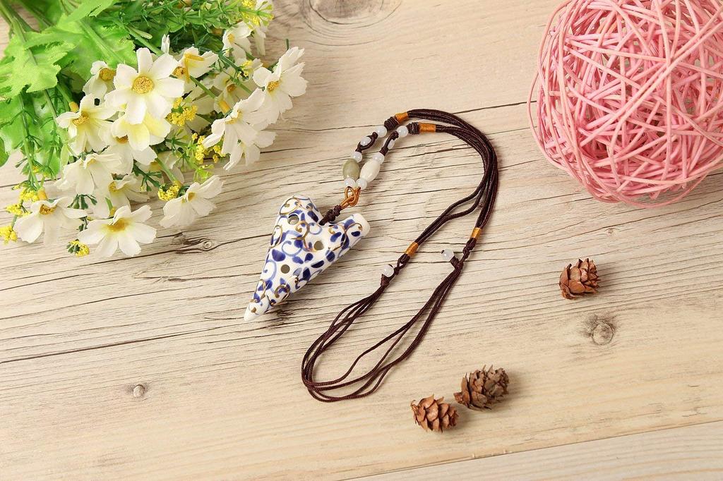 TNG Mini Ocarina 6 Holes Gun Luxury Necklace Single F Key Ocarina Wind Instrument Blue Flower Porcelain [Pendant / / Type]