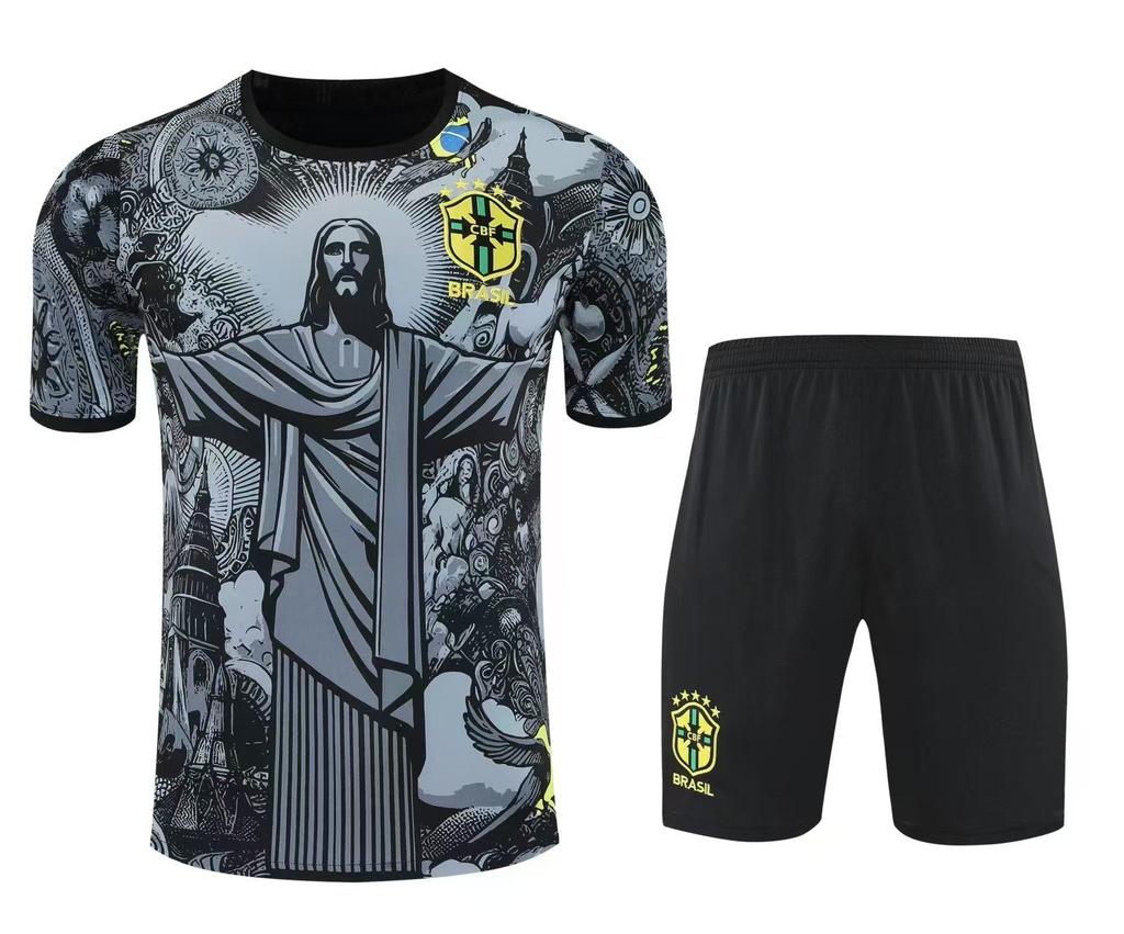 Brazil Training Jersey: 2526 Pre-Match Short Sleeve Football Uniform Set for Adults.