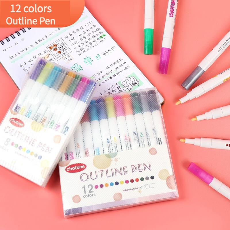 12 Color Outline Metallic Marker Pens Set Double Line Paint Marker Pen for Christmas Greeting Card Scrapbook Metal Ceramic Glass