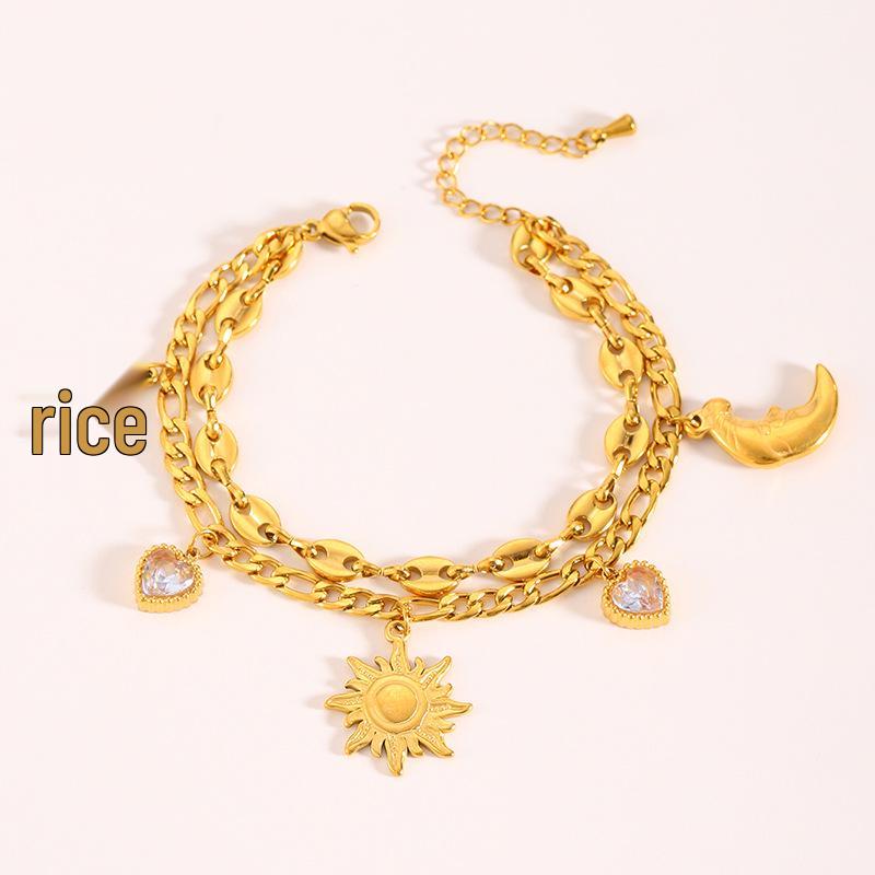 High-End Sun Portrait Titanium Stainless Steel Jewelry Set: Necklace, Bracelet, and Earrings in Light Luxury Design for Women.