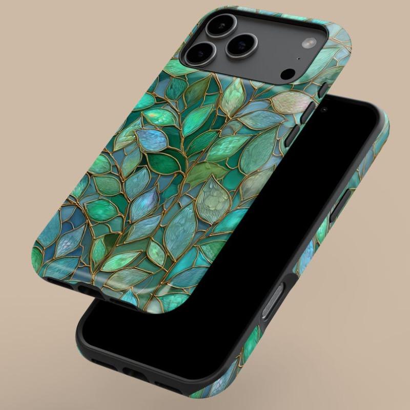 Green Stained Glass Leaf Phone Case Leaves  Plants Mosaic Phone Cover Fit for iPhone 17 Air 16 15 14 13 12 Pro Max Plus 2 In 1