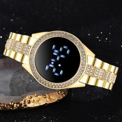 Ny Trend Luksus Dame LED Diamantbesatt Klokke med Stor Skjerm og Moteriktig Stålrem