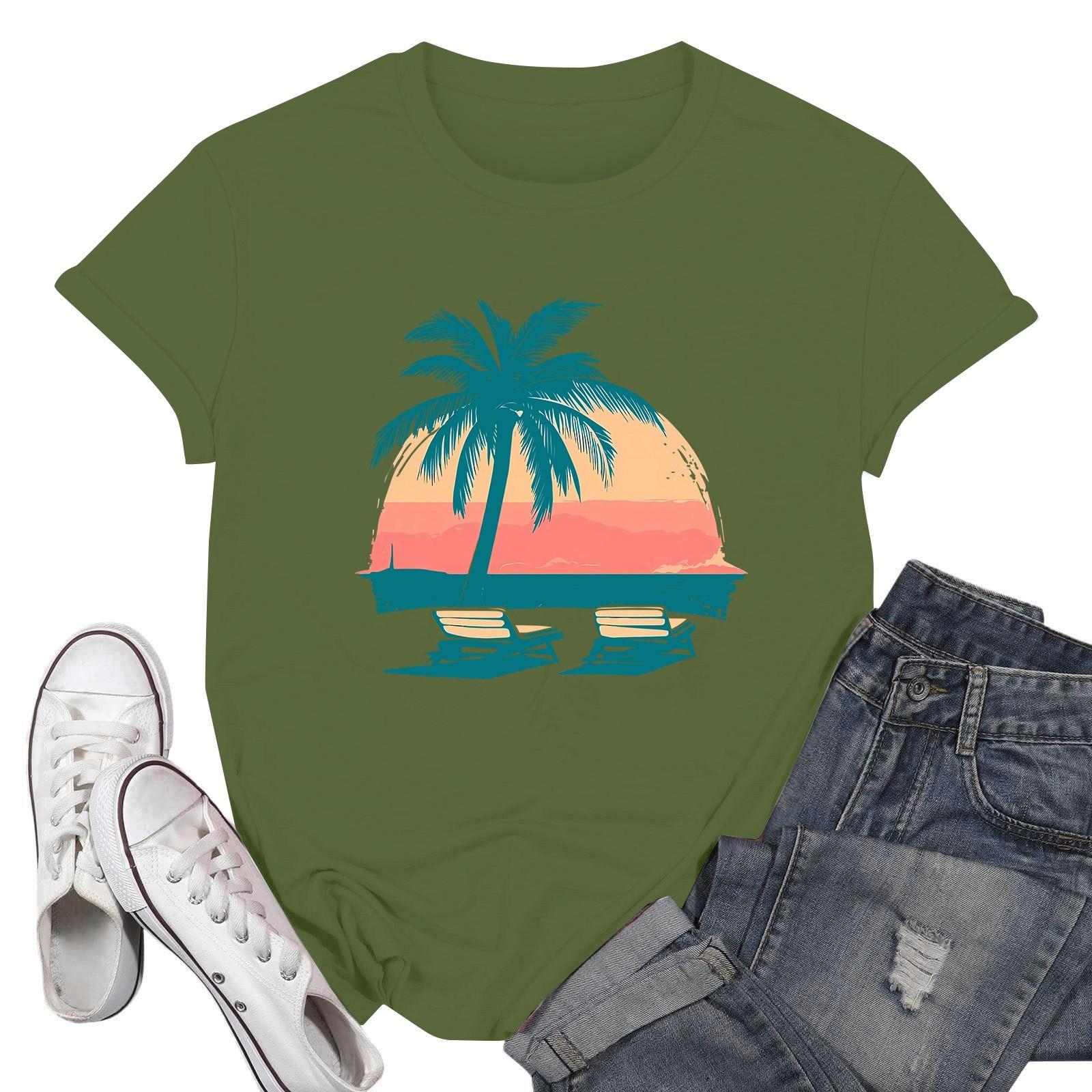 

Женские модные повседневные пуловеры с короткими рукавами и круглым вырезом с принтом L армия зеленый