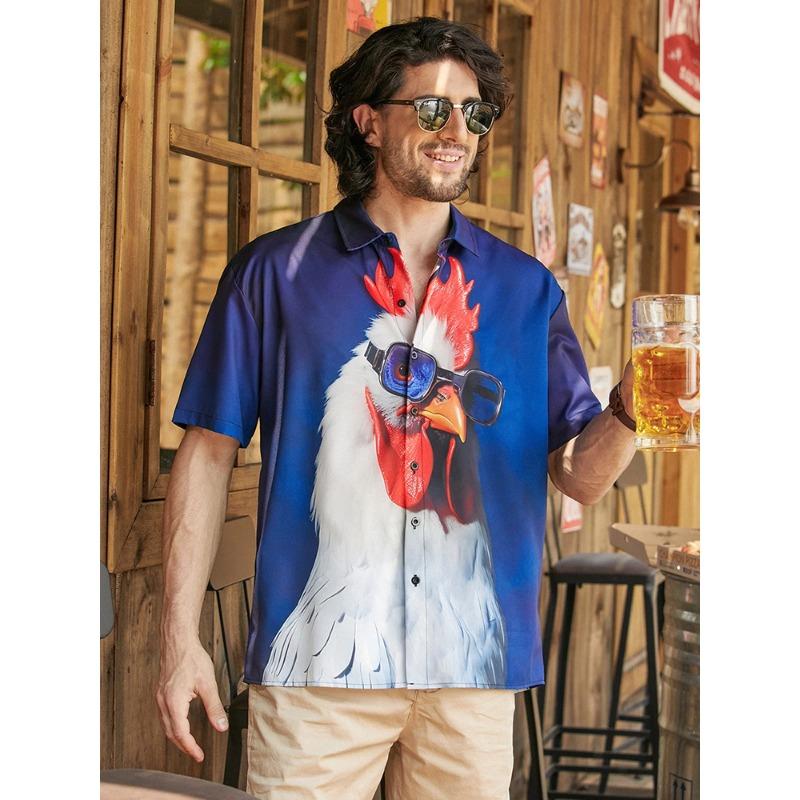 Camicia Corta Hawaiana da Uomo Stampa Pollo Cartone Animato Camicia Casual da Uomo Estate Quotidiano Street Fashion Camicia a Maniche Corte da Uomo