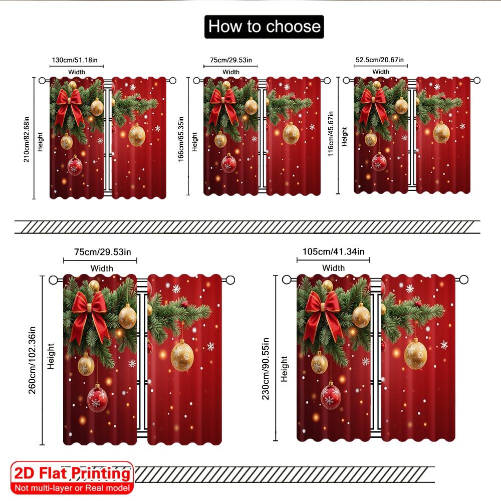 2pcs 2D Flat Printing Christmas Window Curtains Golden Ornaments Red Bows Snowflakes Polyester Without Electricity Party