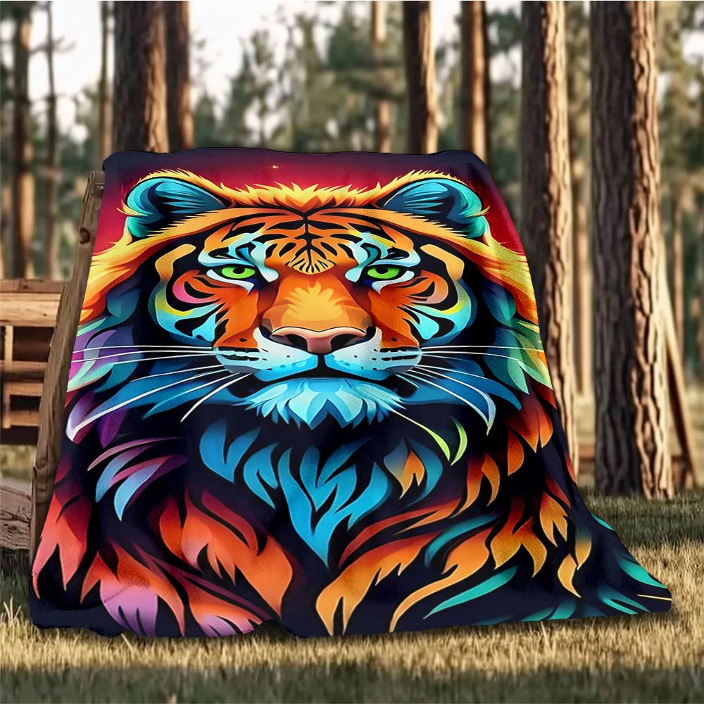 1pc Colorful Tiger Design Throw Blanket Polyester Fiber, Lightweight Flannel, Soft & Warm, All Season Use for Outdoor, Camping Digital Print