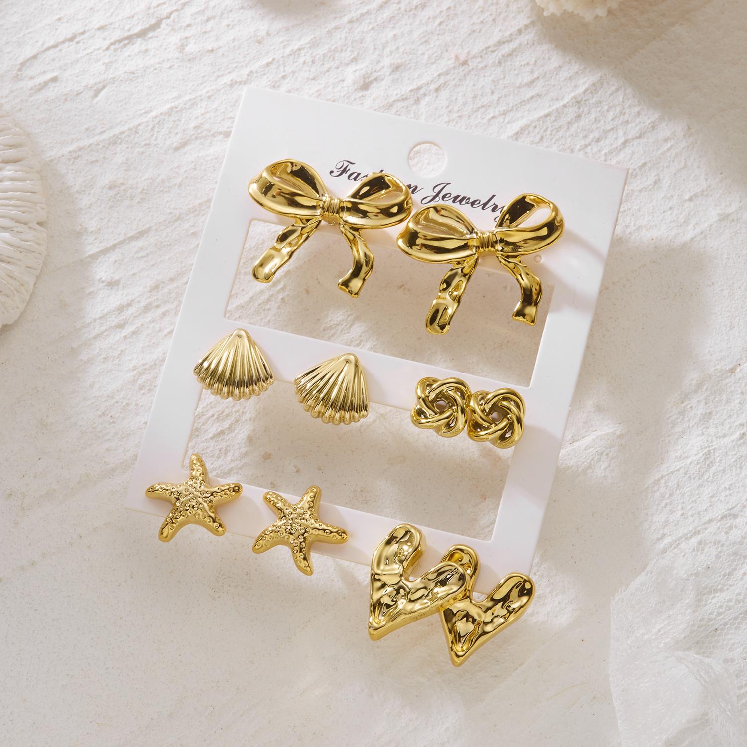 

Gold Color Starfish Shell Combination Stud Earrings Set for Women Metal Scallops Conch Bow knot Earring Boho Party Jewelry