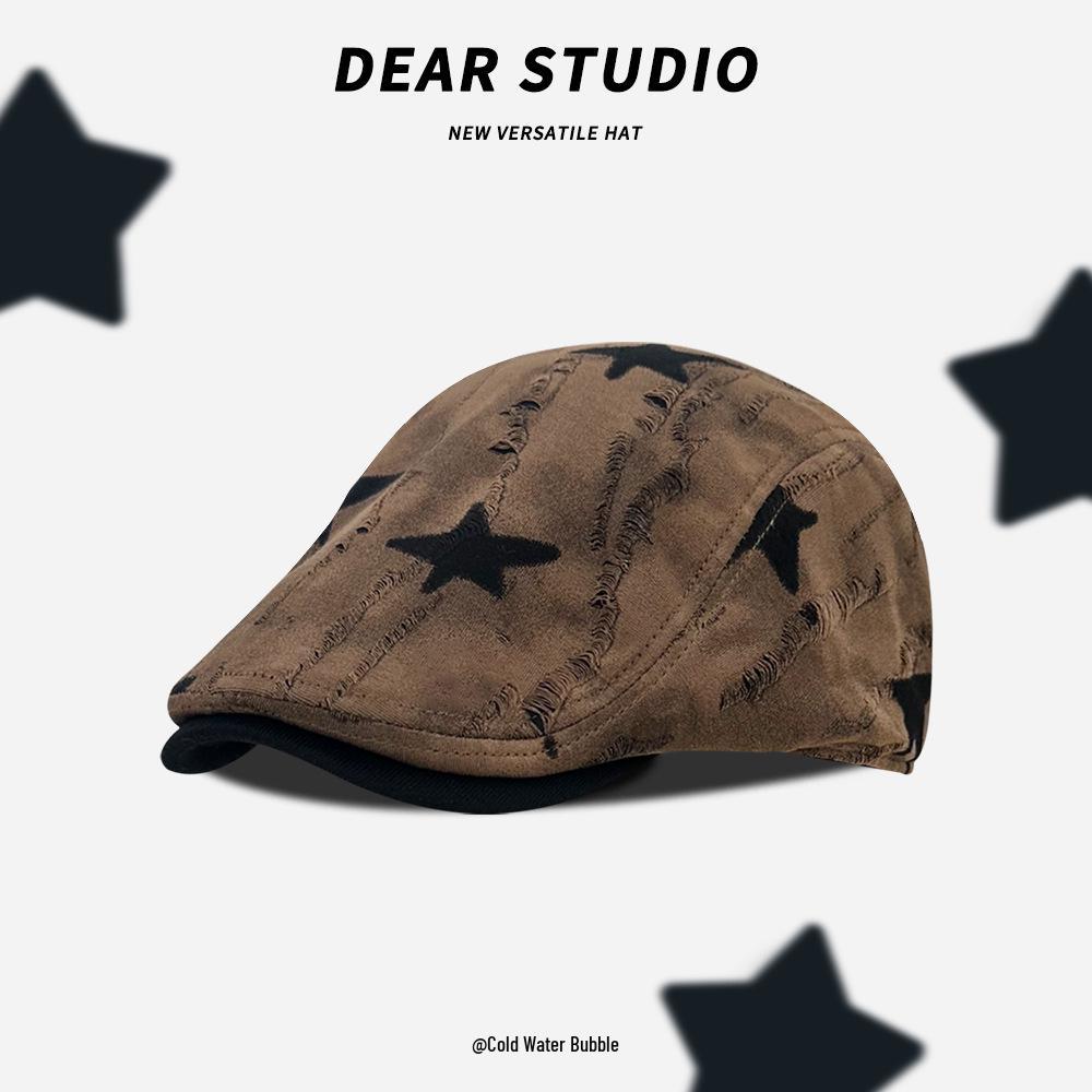 Korean Style Women's Versatile Distressed Star Newsboy Cap, Reversible Trendy Beret for Large Head Circumference