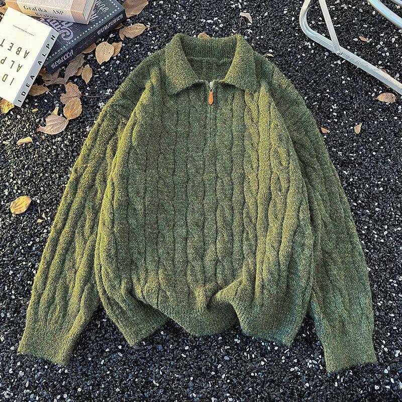 Japanese Literary Style Versatile Half-Zip Cable Knit Men's Sweater: Fashionable, Simple, and Trendy.
