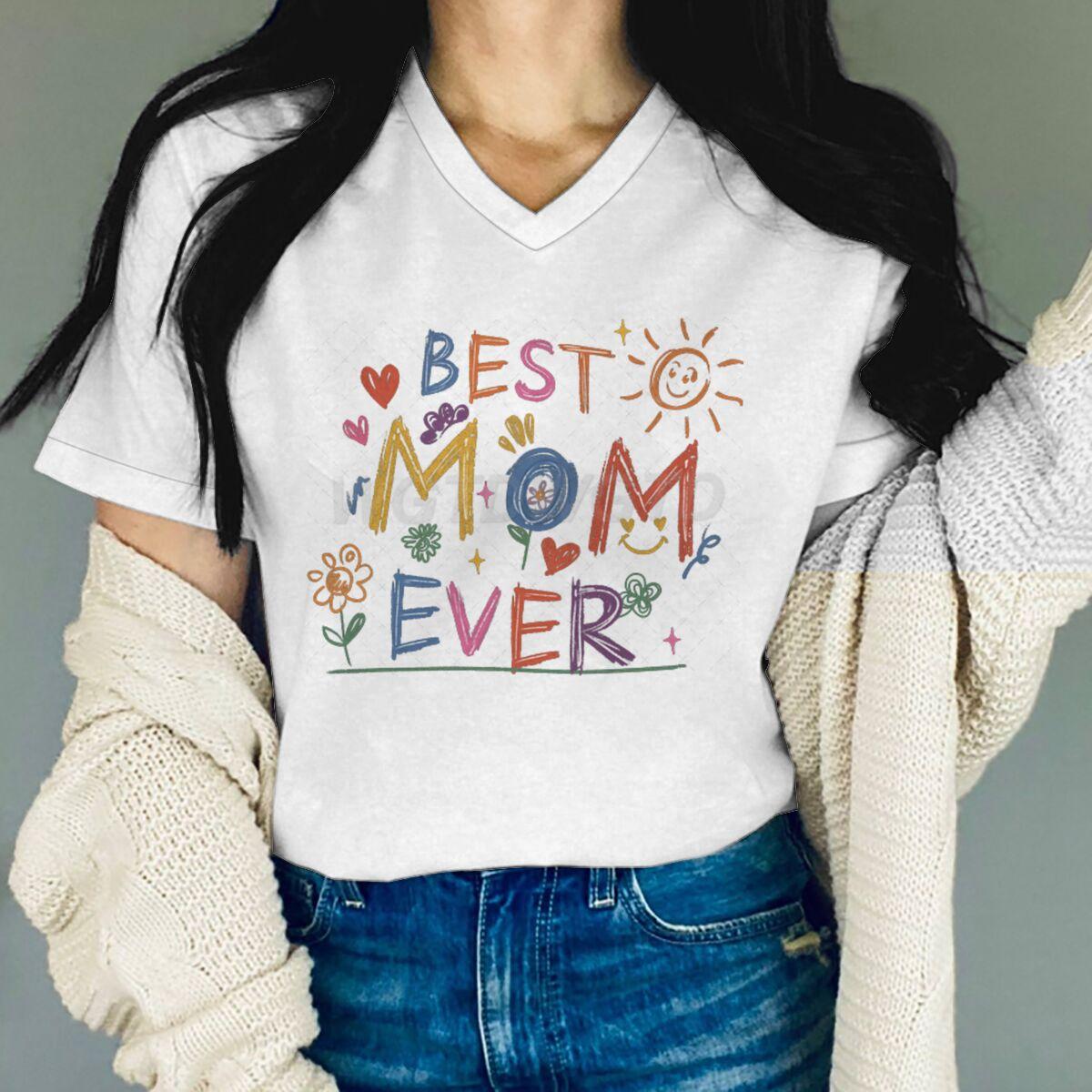 

Best Mom Ever V-Neck T-Shirt Floral & Sun Print Short Sleeve Tee Funny Gift for Mama Fashion Casual Tops Mother s Day Gift Tops XL