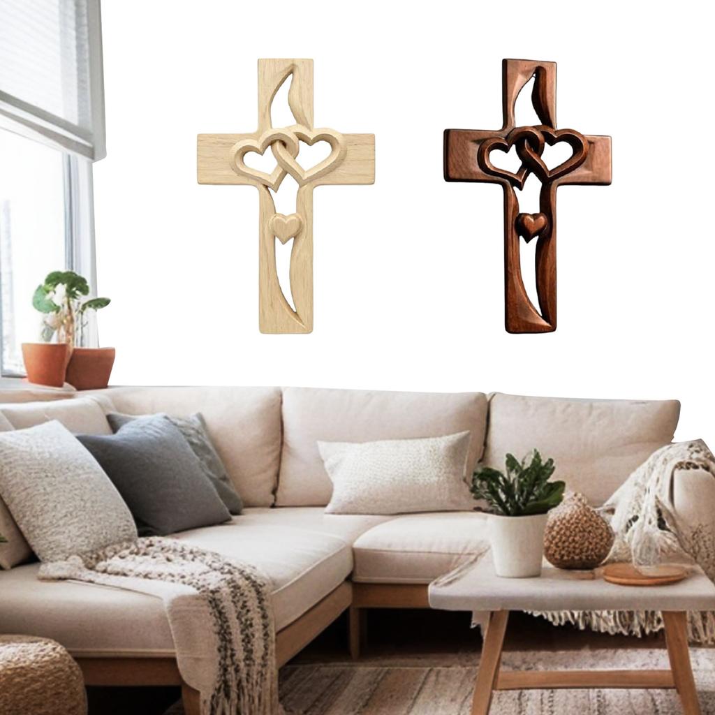 Hand-Carved Intertwined Heart Wooden Cross Handmade Wood Hanging Cross Wall Decor Marriage Cross for Wedding Valentines Day Gift