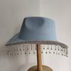 Women Rhinestone Tassel Decor Wide Brim White Fedora Hat For Party Cap Handmade Rhinestone Fringe Cowgirl Hat  Wholesale