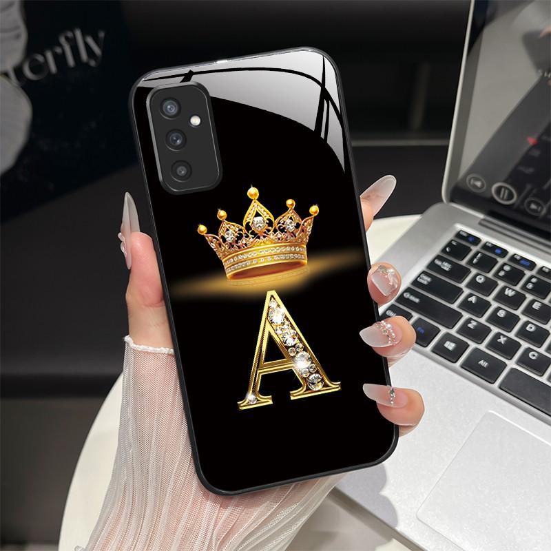For Samsung M52 5G Case Galaxy M14 SM-M526B SM-M146B Phone Case ShockProof Fashion Initial Letter Hard Tempered Glass Back Cover