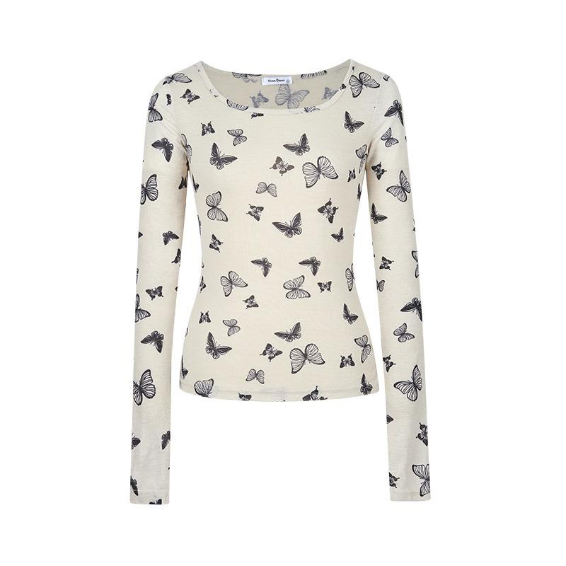 Autumn Winter O Neck Butterfly Printing Long Sleeve Bottomed T-shirt Women Long Sleeve Slim Tee Pullover Top