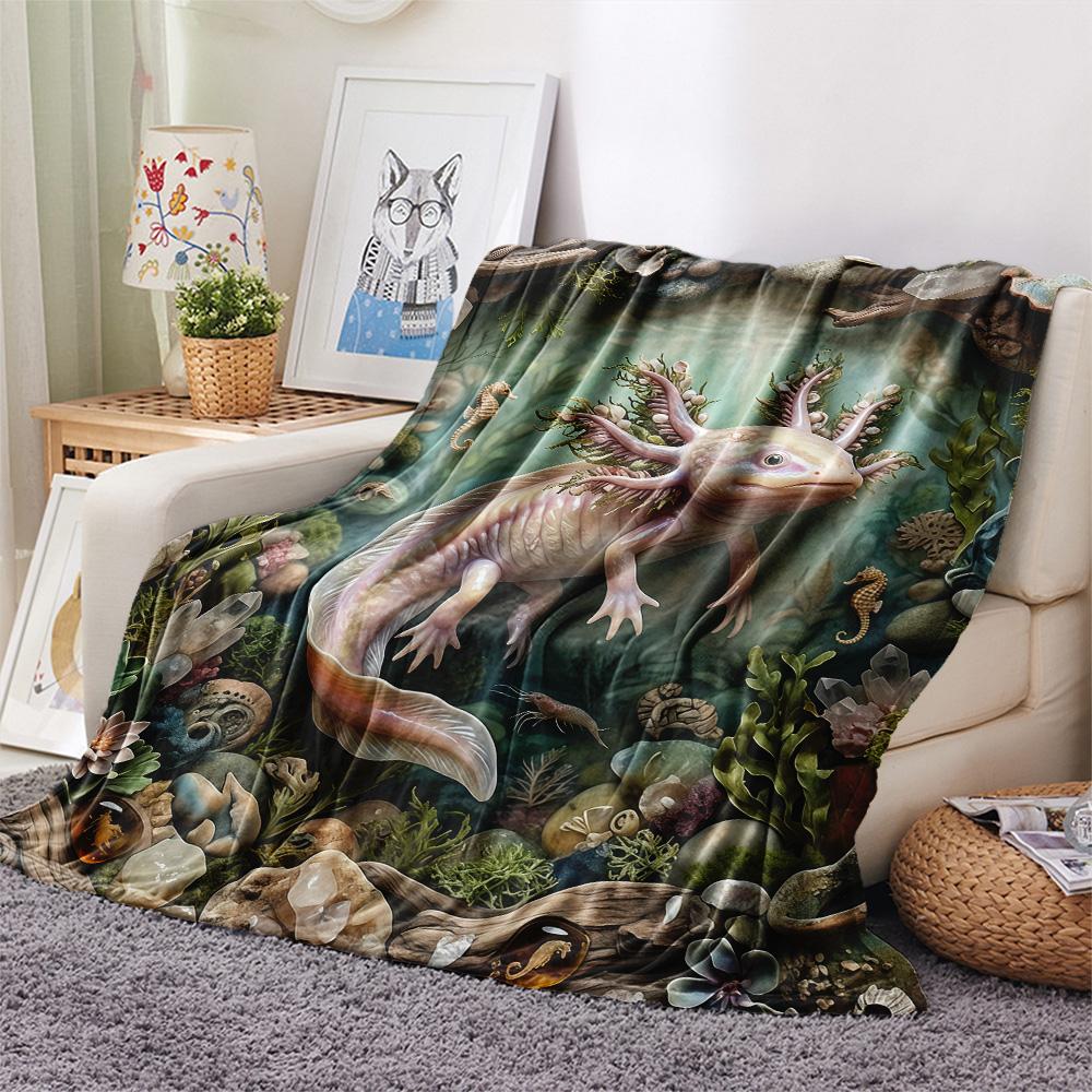 1PC Axolotl  Print FlAannel Blanket, High Quality Comfortable for All Seasons, Home Decor, Warmth and Comfort