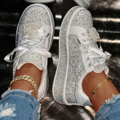 European Station Full of Diamond Thick Baseplate Shoes Women's 2025 Spring New Pearl Super Flash Large Size Casual Sports Shoes Women's Shoes