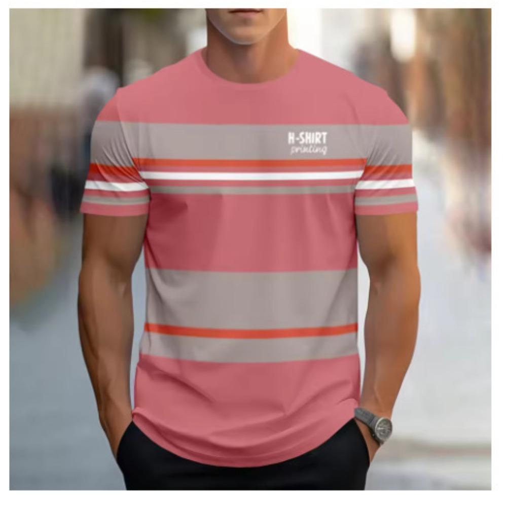 Men s Fashion Stripe Printed Short Sleeve Summer New Short Sleeve Casual Fashion T-shirt S розовый