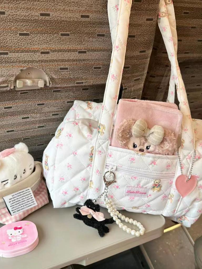 Niche Large-Capacity Short Trip Girl Commuter Student Class Shoulder Tote Bag Floral Fabric