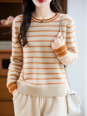Autumn/Winter 2025 Women's 100% Pure Wool Striped Loose Knit Sweater with Round Neck