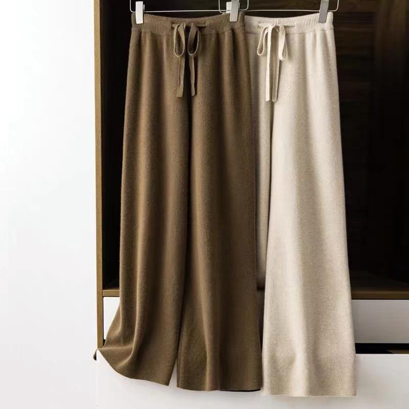 Women's 100% Wool Wide-Leg Knit Pants, Floor-Length, High-Waisted, Slimming, Casual Loose Fit for Autumn and Winter