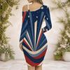 Women Plus Size One Shoulder Cold Shoulder Long Sleeve Printed Chain Strap Cross Hem Bodycon Dress