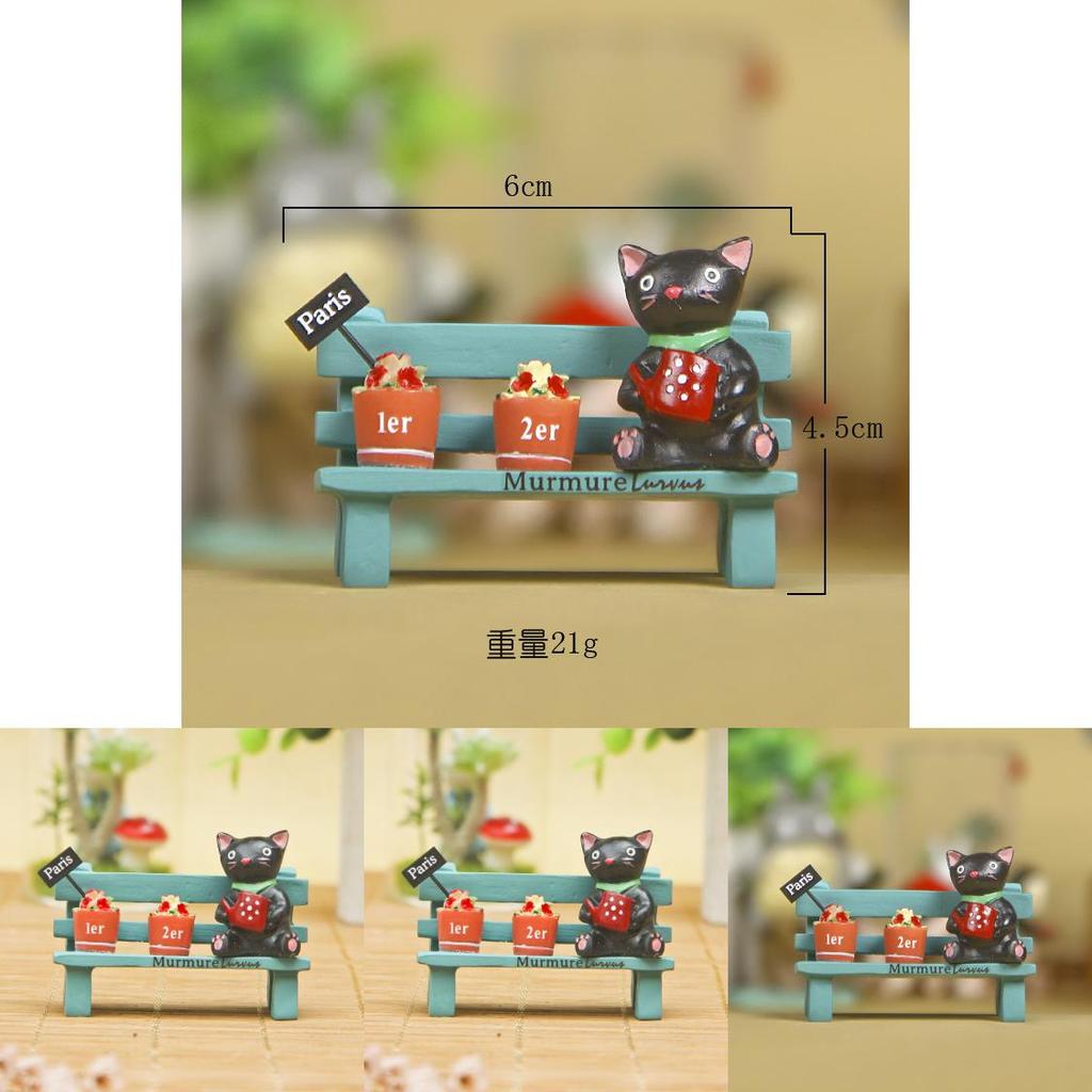 Cute Black Cat Sitting On Bench Watering Flowers Desktop Figurine With Planting Scene For Office Decor And Gift