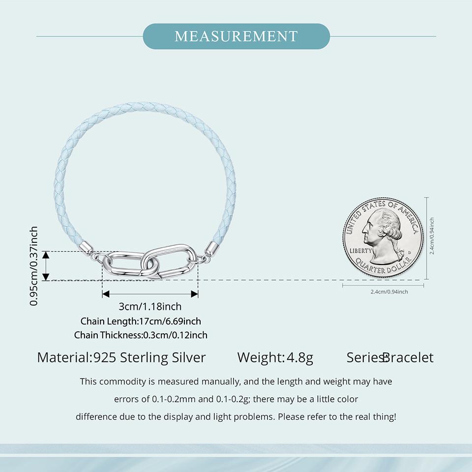 WOSTU DIY 925 Sterling Silver Leather Bracelet Light Blue Braided Rope with Interlocking Clasps Fit For Charms Bead for Women