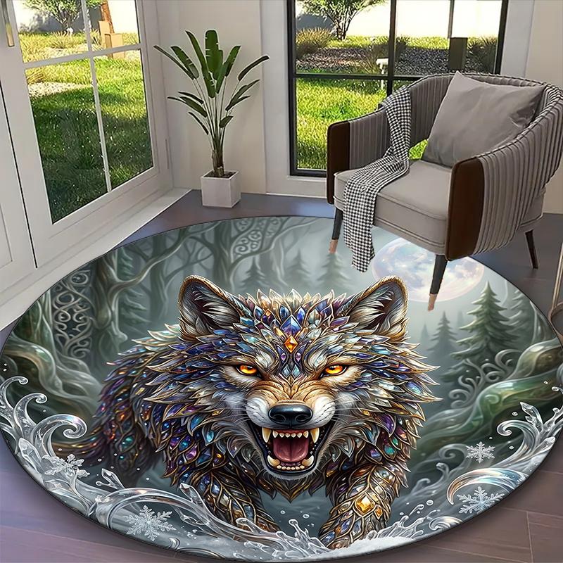 1pc Wolf Printed Chair Rug for Home Office Use, Living Room Kitchen Game Room Round Carpet