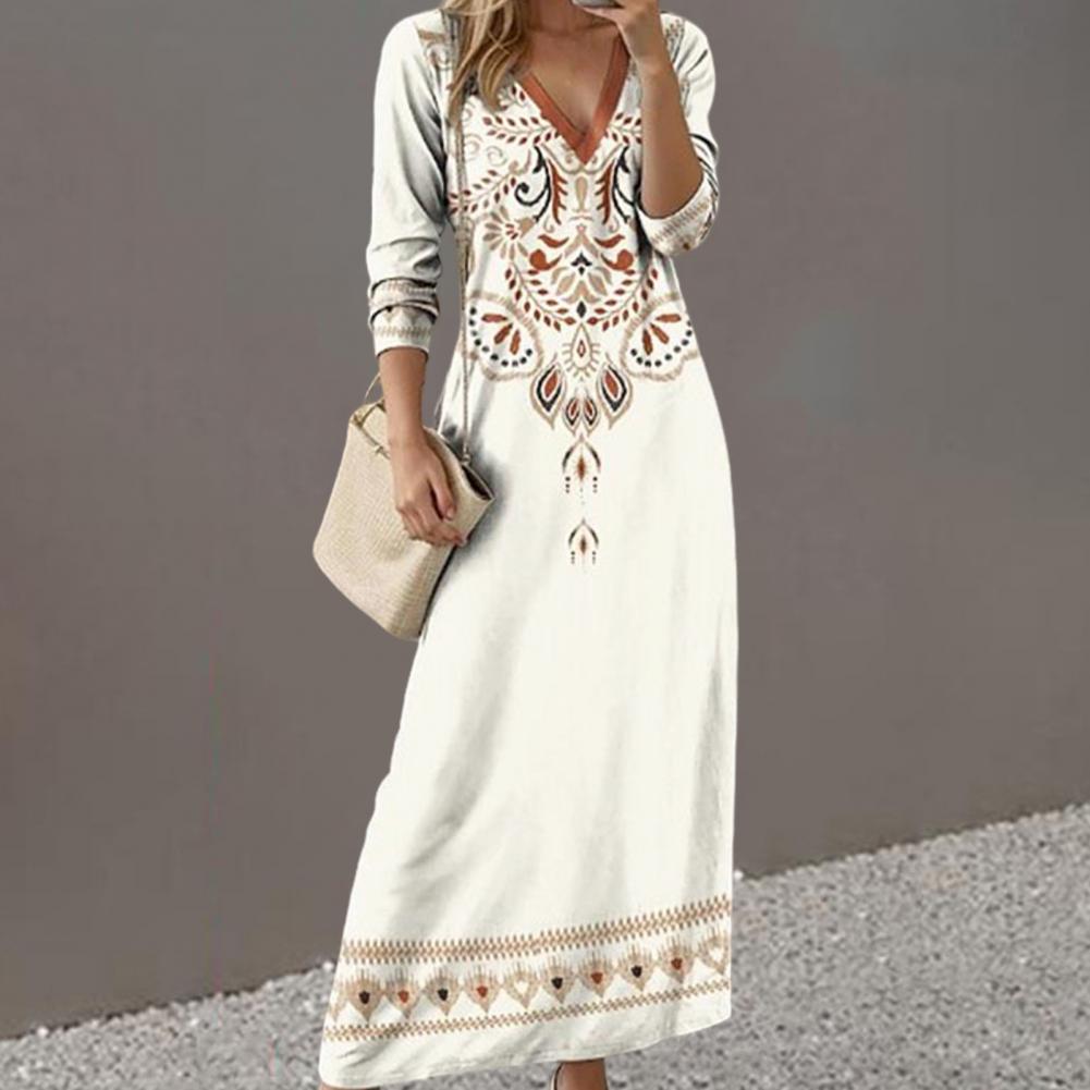 Women V-neck Dress Bohemian V Neck Maxi Dress with Ethnic Print Long Sleeves for Women Soft Breathable Ankle Length A-line