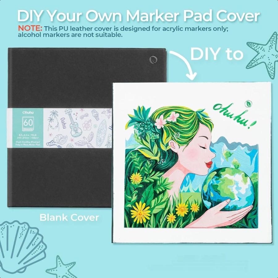 Ohuhu DoubleSided Marker Pad Art Sketchbook Bleedproof 8.3x8.3 Square Paper Size 90 lb 150 GSM Smooth Drawing Paper 60 Sheets 1