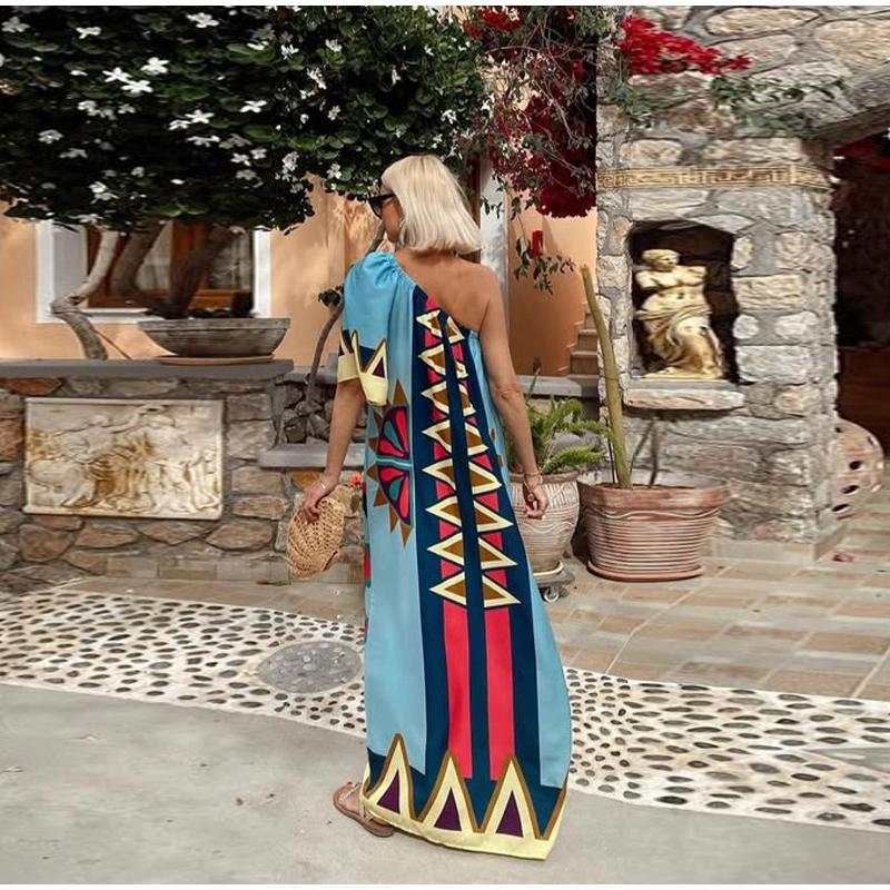2025 Positioning Printing Diagonal Shoulder Vacation Long Skirt Ladies Dress Vacation Wind Beach Casual Fashion Long Dress